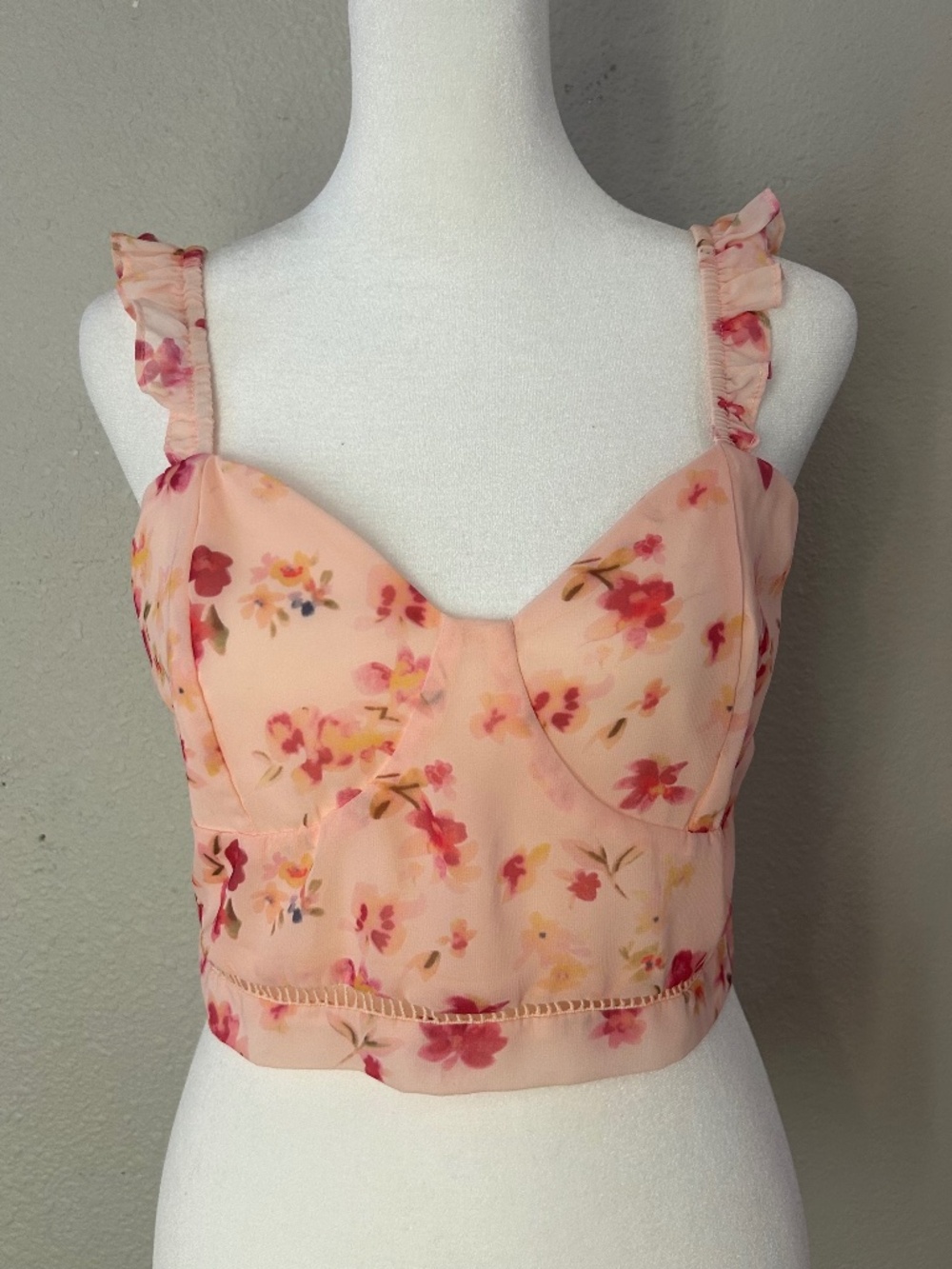 Kendall + Kylie Cropped Pink Floral Chiffon Ruffle Strap Bustier Corset Top